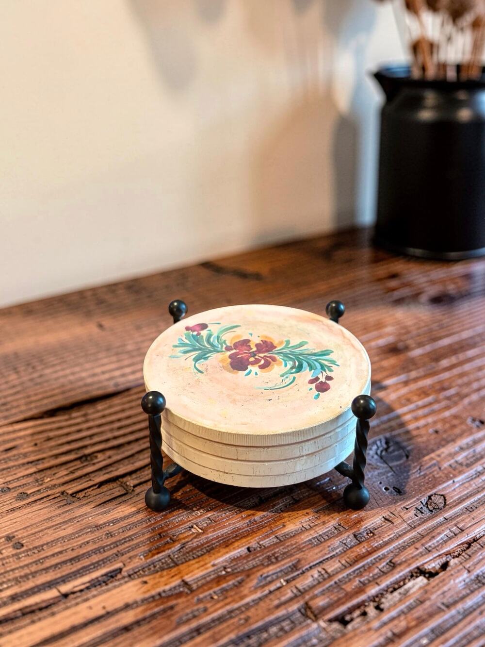 Vintage Hand Painted Floral Coaster Set of 4 w/ Black Metal Holder Boho Decor